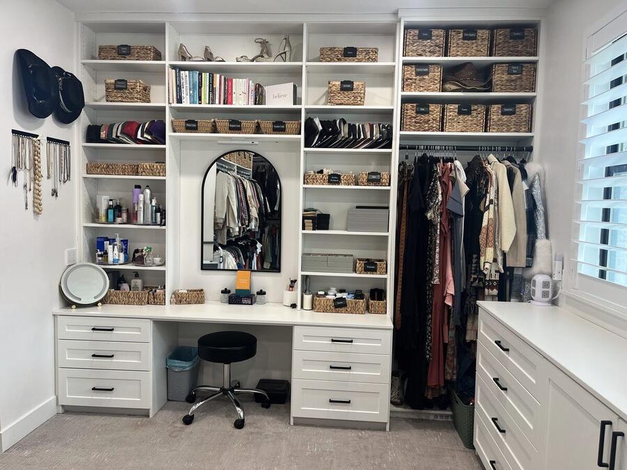 Master closet vanity area after organizing